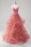 Coral Sequined Corset Appliques Tulle Princess Prom Dress