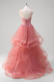 Coral Sequined Corset Appliques Tulle Princess Prom Dress