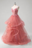 Coral Sequined Corset Appliques Tulle Princess Prom Dress