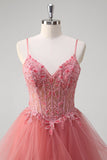 Coral Sequined Corset Appliques Tulle Princess Prom Dress