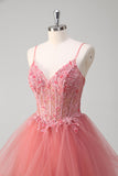 Coral Sequined Corset Appliques Tulle Princess Prom Dress