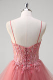 Coral Sequined Corset Appliques Tulle Princess Prom Dress