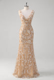 Sparkly Champagne Sequined V Neck Backless Prom Dress