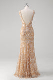 Sparkly Champagne Sequined V Neck Backless Prom Dress