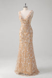 Sparkly Champagne Sequined V Neck Backless Prom Dress