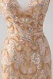 Sparkly Champagne Sequined V Neck Backless Prom Dress