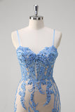 Blue Sequined Mermaid Corset Prom Dress with Appliques