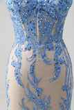 Blue Sequined Mermaid Corset Prom Dress with Appliques