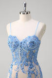 Blue Sequined Mermaid Corset Prom Dress with Appliques