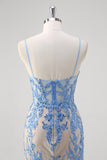 Blue Sequined Mermaid Corset Prom Dress with Appliques