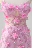 Fairy Pink Sequined Tulle Slit Prom Dress with 3D Appliques