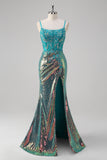 Sparkly Peacock Green Mermaid Slit Floor Length Prom Dress