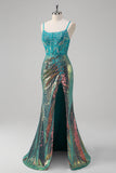 Sparkly Peacock Green Mermaid Slit Floor Length Prom Dress