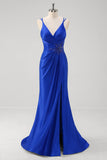 Royal Blue Mermaid Ruched Appliques Prom Dress with Slit