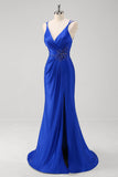 Royal Blue Mermaid Ruched Appliques Prom Dress with Slit