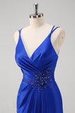 Royal Blue Mermaid Ruched Appliques Prom Dress with Slit