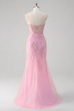 Sparkly Pink Sequined Tulle Mermaid Prom Dress