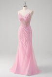 Sparkly Pink Sequined Tulle Mermaid Prom Dress