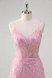 Sparkly Pink Sequined Tulle Mermaid Prom Dress