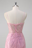 Sparkly Pink Sequined Tulle Mermaid Prom Dress