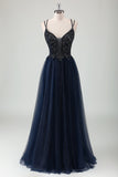 Navy A Line Tulle Sequined Beaded Criss Cross Back Prom Dress