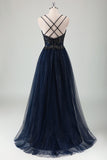 Navy A Line Tulle Sequined Beaded Criss Cross Back Prom Dress