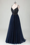 Navy A Line Tulle Sequined Beaded Criss Cross Back Prom Dress