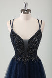 Navy A Line Tulle Sequined Beaded Criss Cross Back Prom Dress