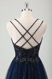 Navy A Line Tulle Sequined Beaded Criss Cross Back Prom Dress