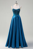 Satin Blue A Line Pleated Corset Beaded Prom Dress with Lace-up Back