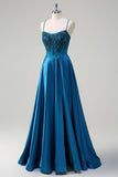 Satin Blue A Line Pleated Corset Beaded Prom Dress with Lace-up Back