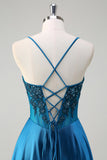 Satin Blue A Line Pleated Corset Beaded Prom Dress with Lace-up Back