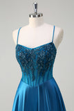 Satin Blue A Line Pleated Corset Beaded Prom Dress with Lace-up Back