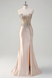 Champagne Sweetheart Corset Slit Satin Prom Dress with Beading