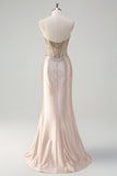 Champagne Sweetheart Corset Slit Satin Prom Dress with Beading