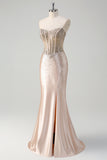 Champagne Sweetheart Corset Slit Satin Prom Dress with Beading