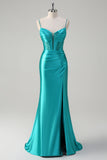 Peacock Beaded Corset Ruched Mermaid Prom Dress with Slit