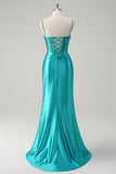 Peacock Beaded Corset Ruched Mermaid Prom Dress with Slit