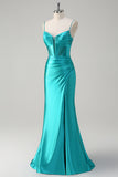 Peacock Beaded Corset Ruched Mermaid Prom Dress with Slit