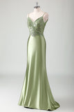 Sage Sequined Satin Mermaid Prom Dress with Lace-up Back