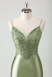 Sage Sequined Satin Mermaid Prom Dress with Lace-up Back