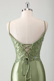 Sage Sequined Satin Mermaid Prom Dress with Lace-up Back