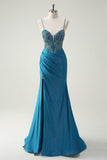 Glitter Beaded Corset Mermaid Blue Prom Dress with Slit