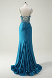 Glitter Beaded Corset Mermaid Blue Prom Dress with Slit