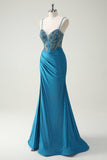 Glitter Beaded Corset Mermaid Blue Prom Dress with Slit