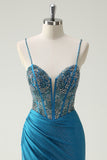 Glitter Beaded Corset Mermaid Blue Prom Dress with Slit