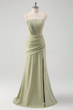 Sage Pleated Corset Mermaid Maxi Prom Dress with Slit