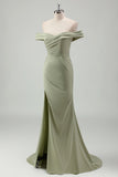 Sage Off the Shoulder Ruched Mermaid Maxi Prom Dress with Slit