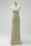 Sheath Sage Halter Backless Bridesmaid Dress