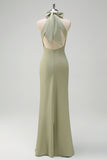 Sheath Sage Halter Backless Bridesmaid Dress